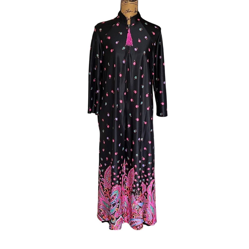 VTG 70s Montgomery Ward Black Pink Floral Paisley Polyester Maxi House Dress M
